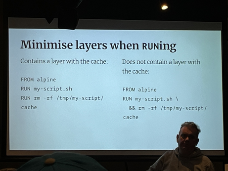 A slide showing that a Dockerfile which does “RUN script.sh” then “RUN rm script/cache” is worse than a Dockerfile that does “RUN script.sh && rm script/cache” because the first creates a whole layer with the cache in