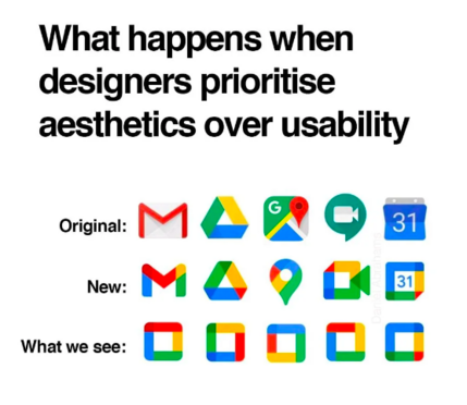 a white poster with the words what happens when designers priorise aestheticss over usability? the first row shows distinct google app icons that are different to each other. the next row of icons are the newer versions which all use the same colours and are simplified so they look the same. The last row says what we see now and it's just box icons with the same colours all the icons are the same.