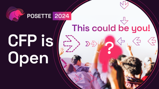 Pink elephant mascot for POSETTE: An Event for Postgres 2024 with a big headline that says “CFP is Open” and a second headline that points to a pink silhouette of a speaker on stage and says “This could be you!”
