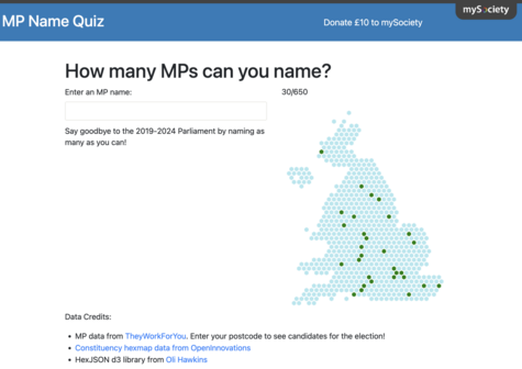 Screenshot of MP Name Quiz where you can guess the names of all the MPs