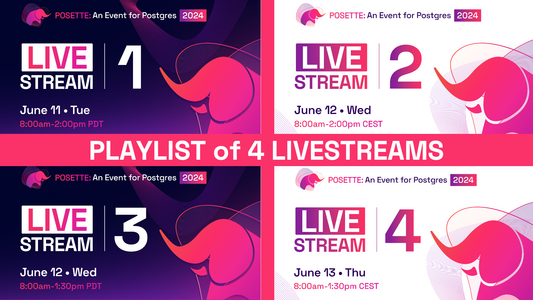 2x2 matrix of all 4 youtube thumbnails for the 4 livestreams in POSETTE: An Event for Postgres 2024 that happened in June 2024, containing 42 wonderful Postgres talks from 44 global experts