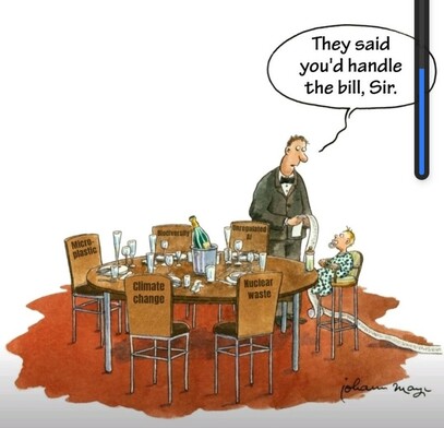A single image cartoon. A round dinner table wie a champagne cooler and many empty glasses. The chair are empty, except for a booster chair with a toddler. The waiter is standing next to the toddler with a ridiculously long receipt. He says to the toddler: "They said you'd handle the bill, Sir." The empty chairs are labeled "Nuclear waste", "Climate change", "Micro plastic", "Biodiversity" and "Unregulated AI"