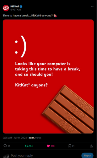 twitter screenshot  from kitkat on twitter, poking fun at windows computers going down, saying we need a break with kitkat