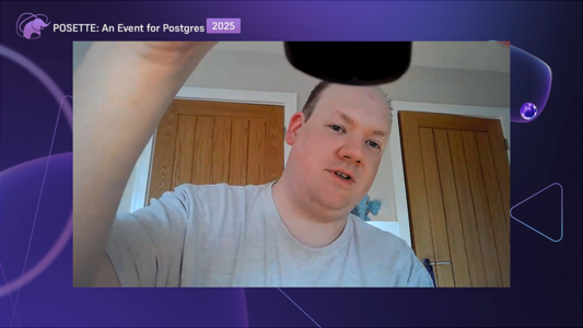 A person wearing a light gray t-shirt, holding an object above their head. The background features two wooden doors. In the top left corner, the text reads 'POSETTE: An Event for Postgres 2025