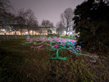 "Using delicate fibre optic lighting, the underground fungal networks that support plant life are recreated, representing the unseen yet vital systems that sustain ecosystems. The soft, glowing light creates an organic, almost otherworldly experience, inviting viewers to explore the hidden energy flows beneath the earth."